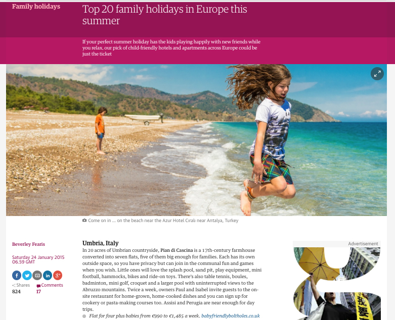 press reviews 'Top 20 Family Holidays in Europe this Summer' The Guardian 2015